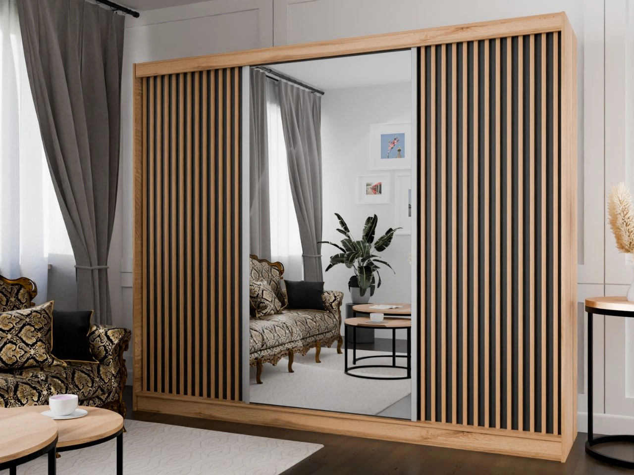 Szafa przesuwna z lustrem i lamelami 250 cm Loreto Dąb Craft Złoty, Czarna