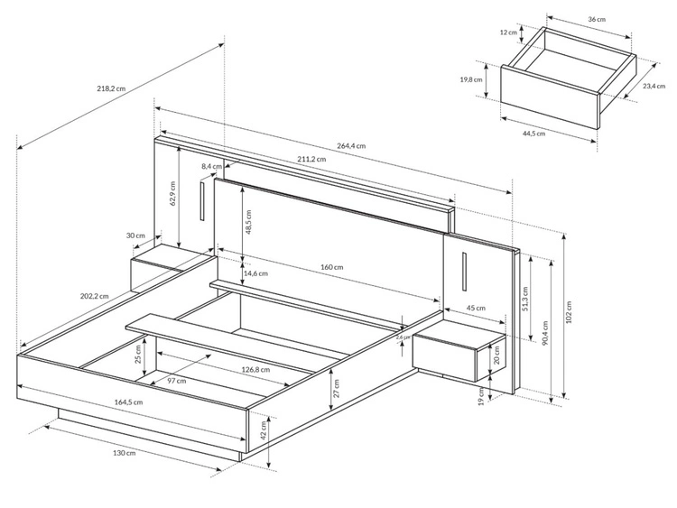 Łóżko drewniane z stolikami nocnymi 160x200 Morten Biały, Dąb Craft Złoty
