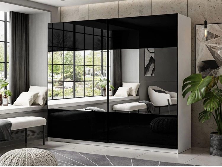 Szafa dwudrzwiowa z drzwiami przesuwnymi i lustrem 244 cm Nuveo Czarno-Biały Połysk