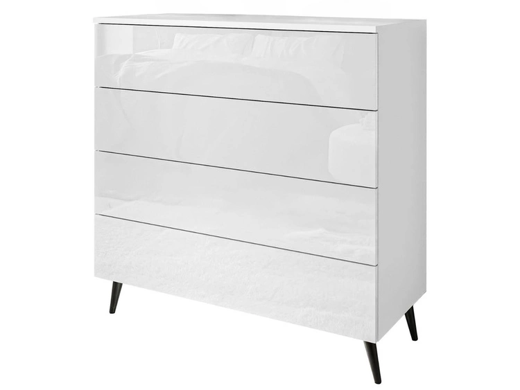 Komoda z czterema szufladami i oświetleniem LED na czarnych nóżkach Nuveo Biały połysk