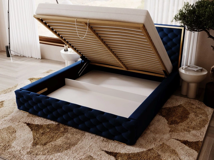Łóżko tapicerowane z pojemnikiem i stelażem 180x200 Wave Granatowe