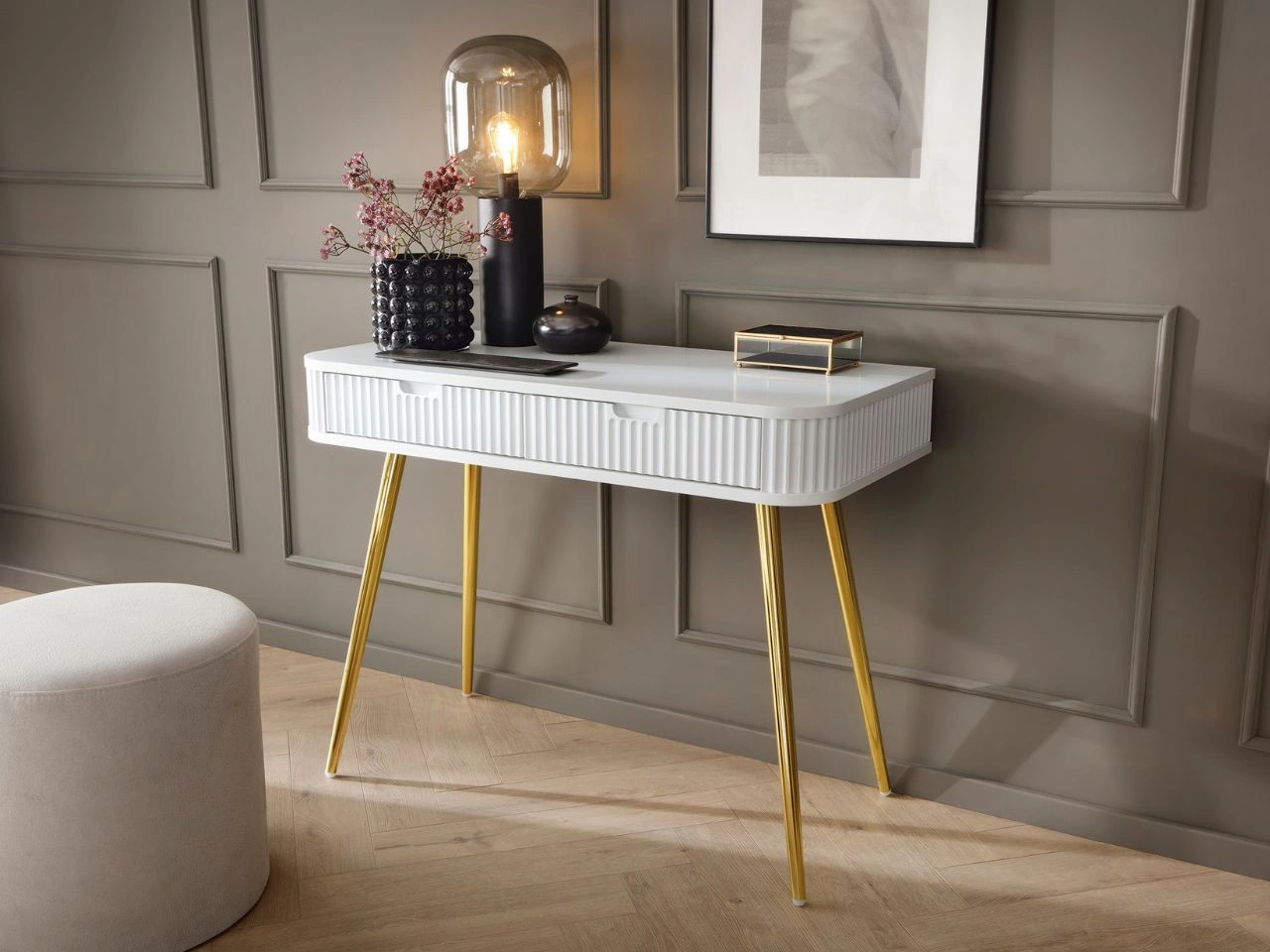 Toaletka z złotymi metalowymi nogami Viva Biała