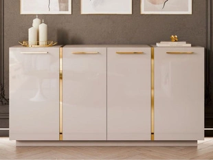 Czterodrzwiowa komoda 158 cm w stylu glamour ze złotymi uchwytami Lunelie kaszmir połysk