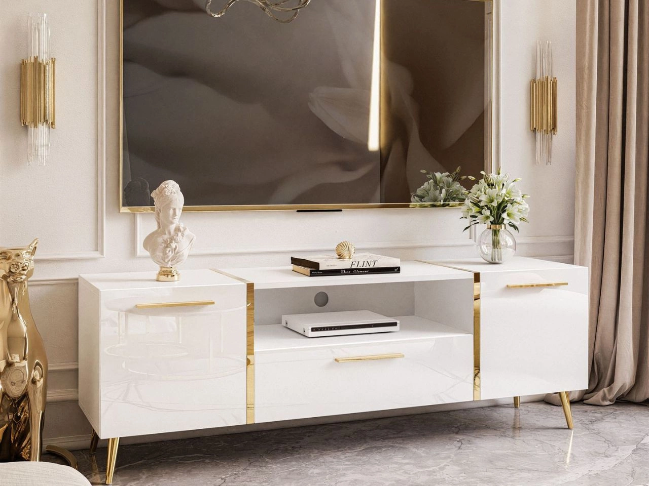 Szafka RTV w stylu glamour z szafkami i szufladą Lunelie biały połysk