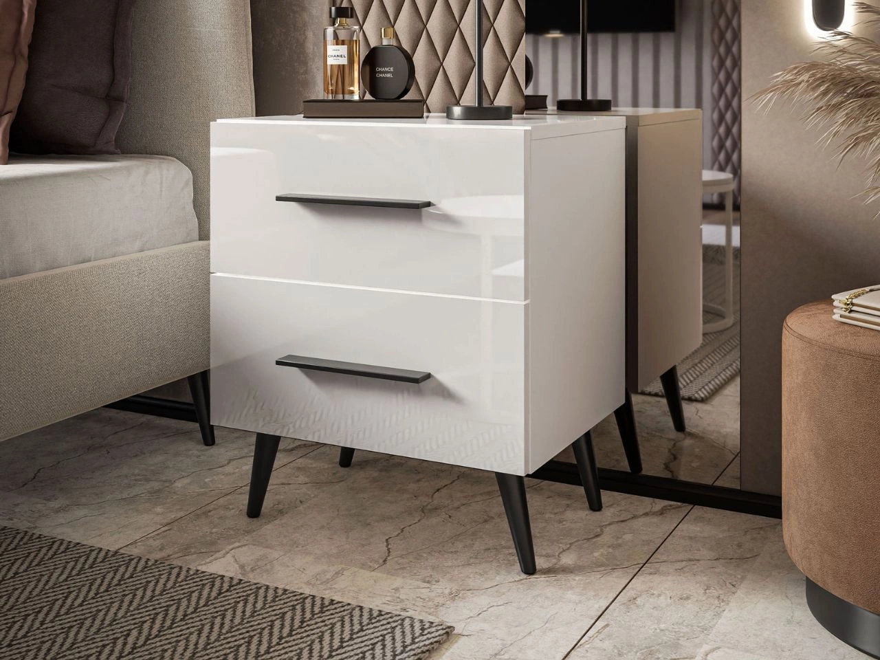 Stolik nocny z szufladami na czarnych nogach Noaé Lux Biały połysk