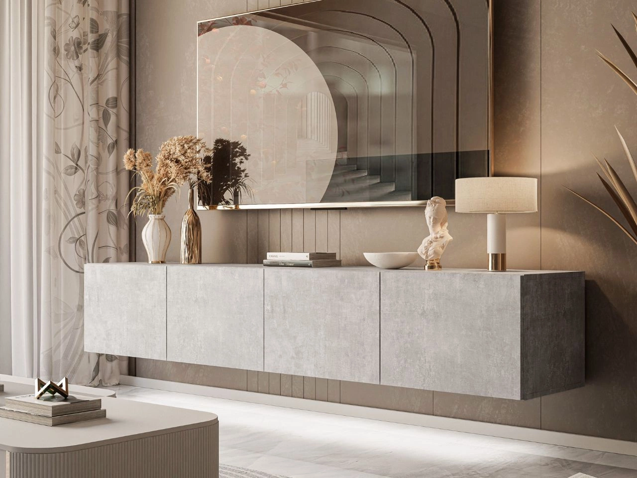 Wisząca szafka RTV pod telewizor z drzwiczkami i oświetlewniem LED  200 cm Nodoo Beton