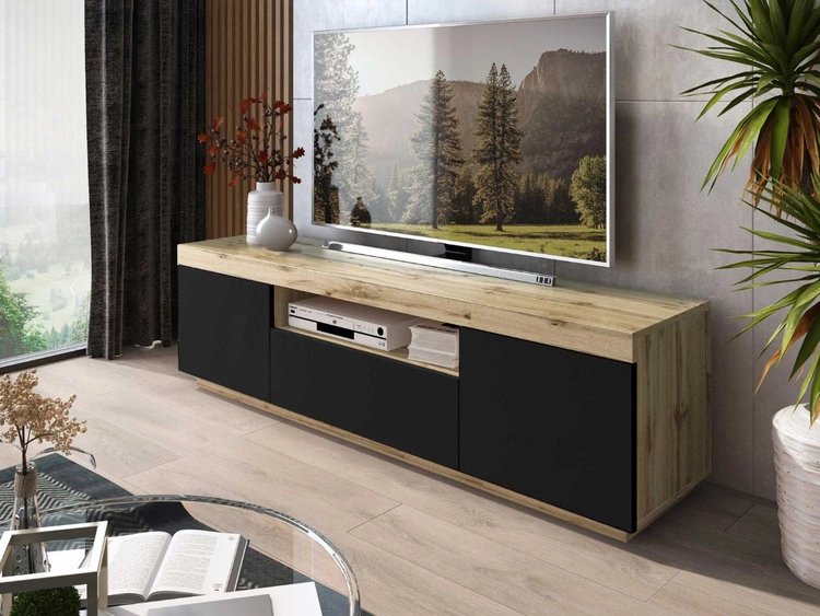 Zestaw mebli do salonu w loftowym stylu Asumi Czarny i dąb wotan