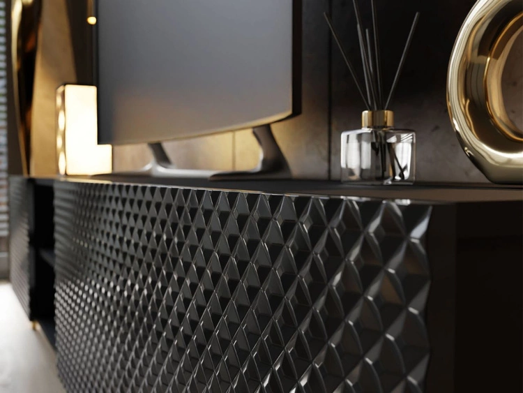 Szafka RTV ze złotymi prostymi nóżkami i frezowanymi frontami 3D Celiane czarny połysk