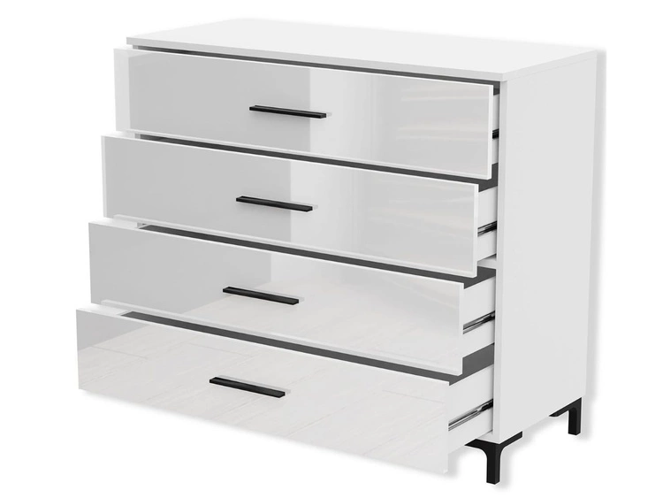 Komoda z czterema szufladami i oświetleniem LED na czarnych nóżkach Nuveo Biały połysk