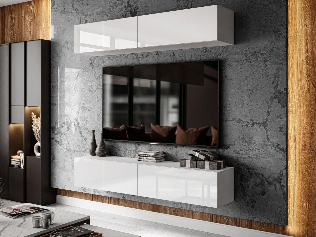 Wisząca meblościanka do salonu z oświetleniem LED Nodoo Biały połysk