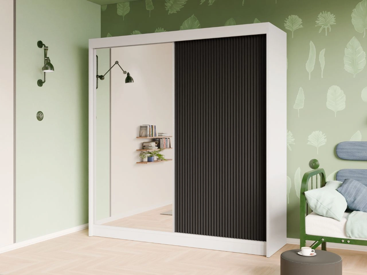 Szafa przesuwna z ryflowanym frontem i lustrem 200 cm Fano Biała, Czarna