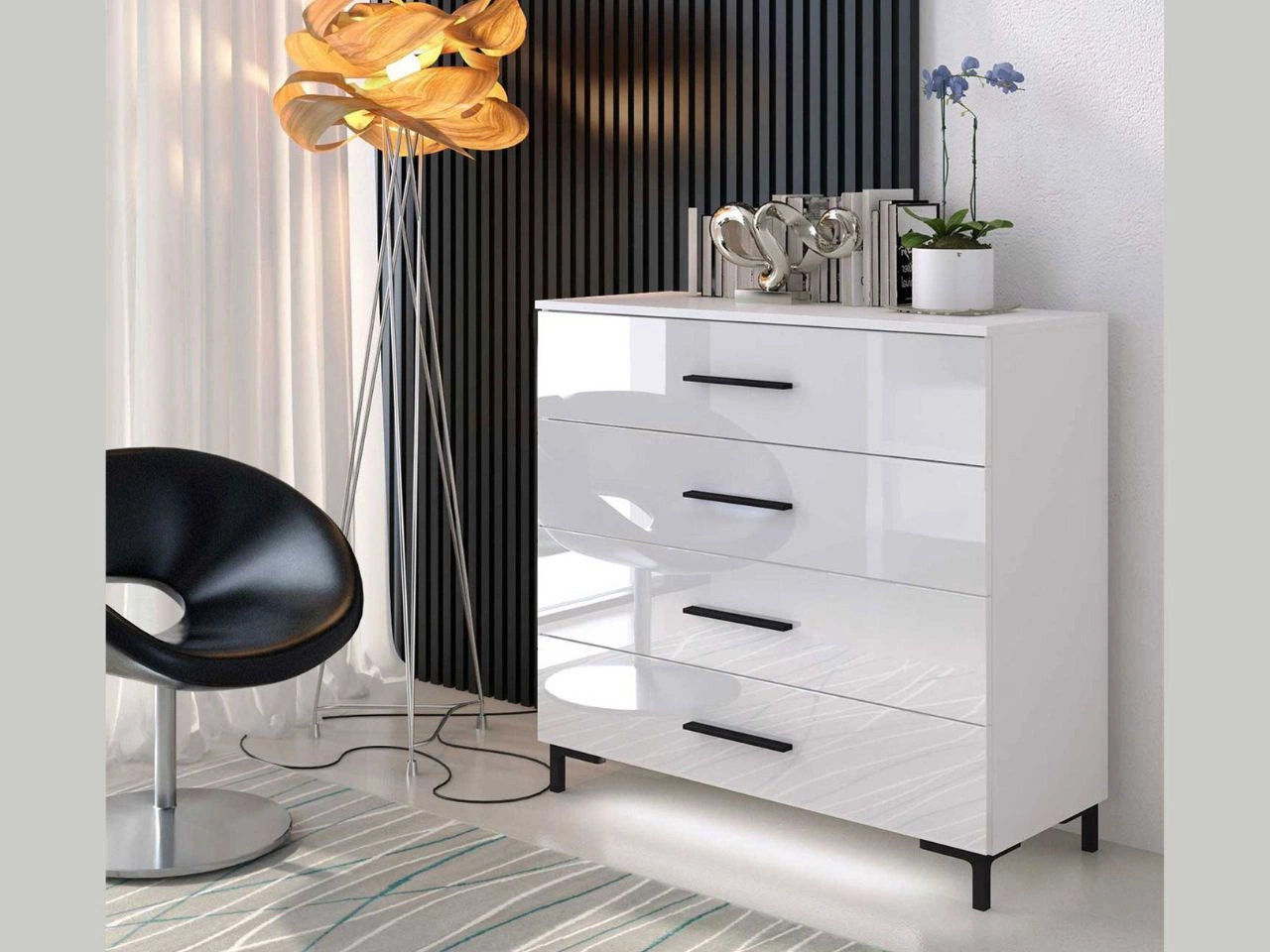 Komoda z czterema szufladami i oświetleniem LED na czarnych nóżkach Nuveo Biały połysk