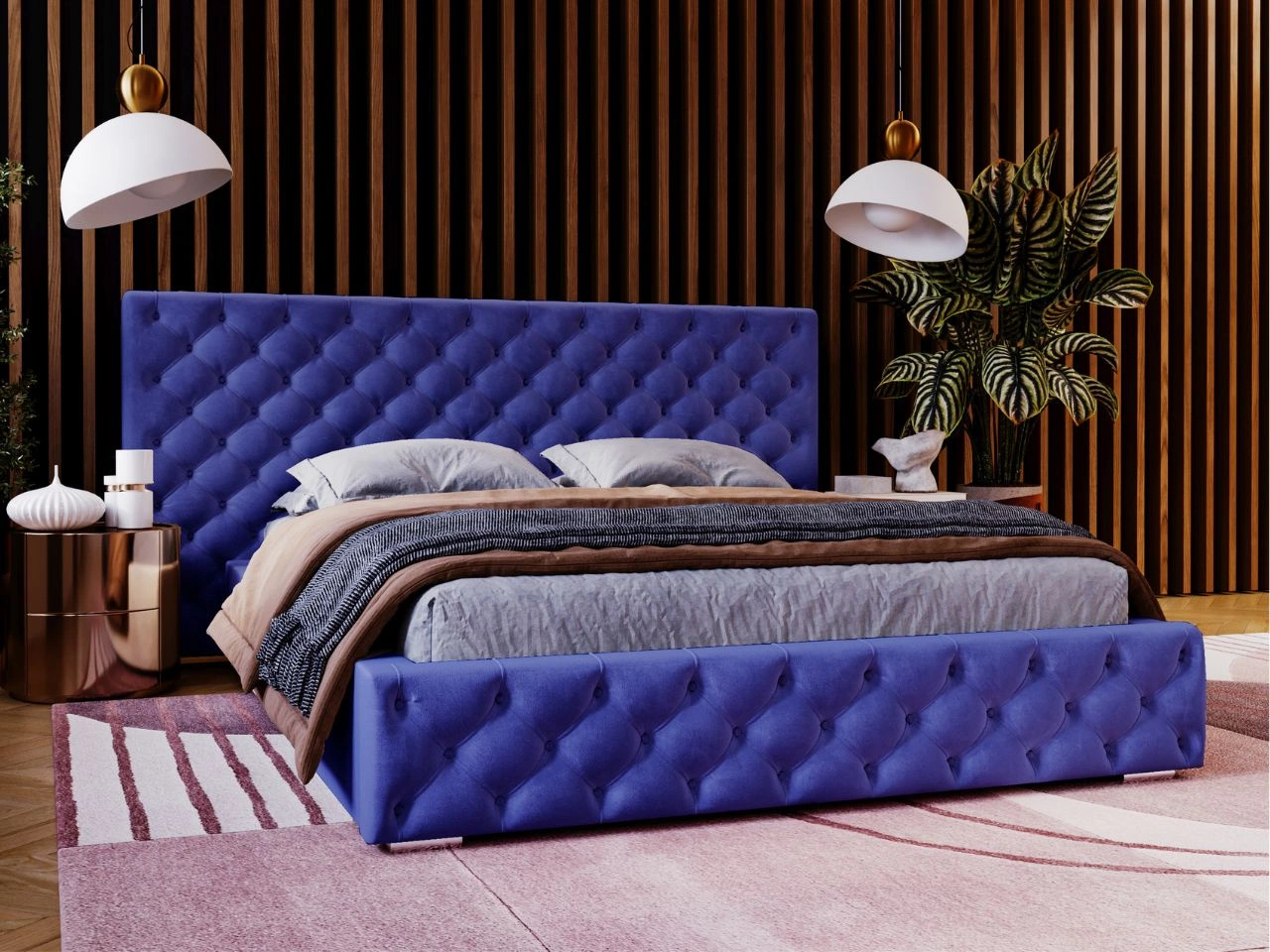 Łóżko tapicerowane z pojemnikiem i stelażem 160x200 cm Madera Niebieskie