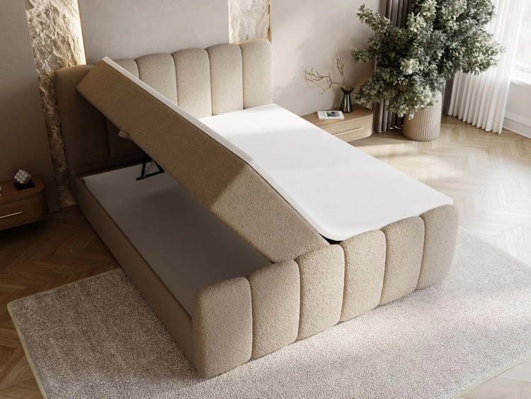 Łóżko kontynentalne z pojemnikiem na pościel 140x200 w tkaninie bouclé Cloud Brązowe