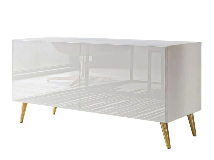 Szafka RTV pod telewizor z drzwiczkam i oświetleniem LED na złotych nóżkach 100 cm Noaé Biały połysk