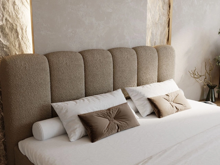 Łóżko kontynentalne z pojemnikiem na pościel 180x200 w tkaninie bouclé Cloud Brązowe