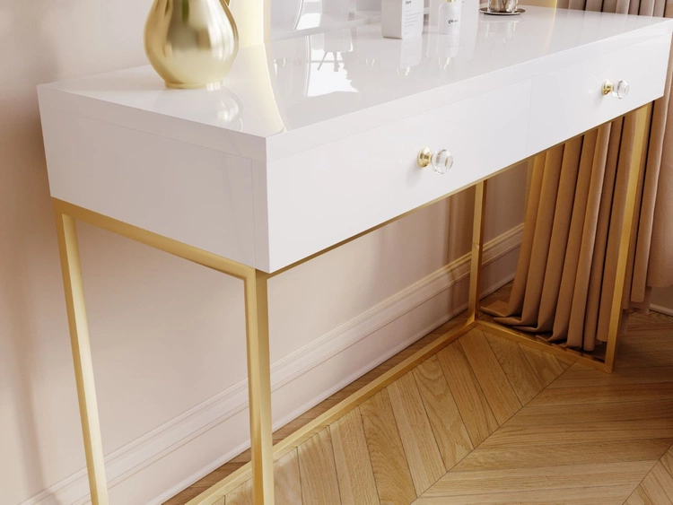 Toaletka z szufladami Belleza Biały połysk Złoty stelaż