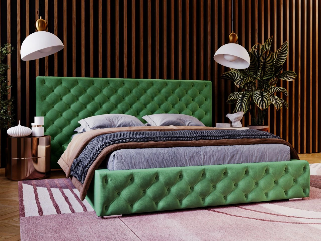 Łóżko tapicerowane z pojemnikiem i stelażem 140x200 cm Madera Zielone