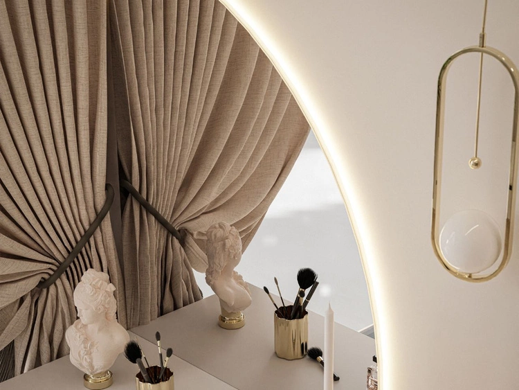 Toaletka kosmetyczna prawostronna z szufladami i oświetleniem LED na złotych nogach Clarette Biały połysk