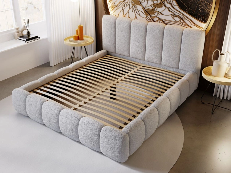 Łóżko tapicerowane bez pojemnika ze stelażem 120x200 Cloud w tkaninie bouclé Jasnoszare