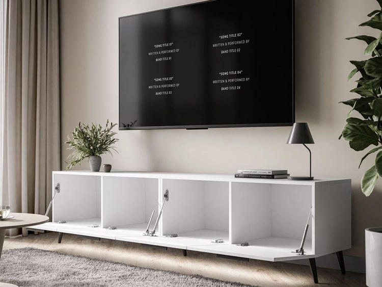 Szafka RTV pod telewizor z drzwiczkami i oświetleniem LED na czarnych nóżkach 200 cm Noaé Biały Połysk