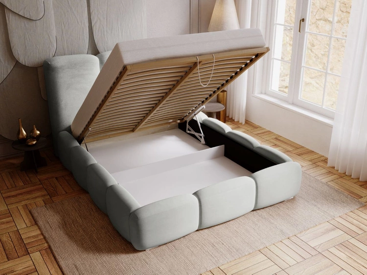 Łóżko tapicerowane z pojemnikiem i stelażem 200x200 cm Bubble Jasnoszare