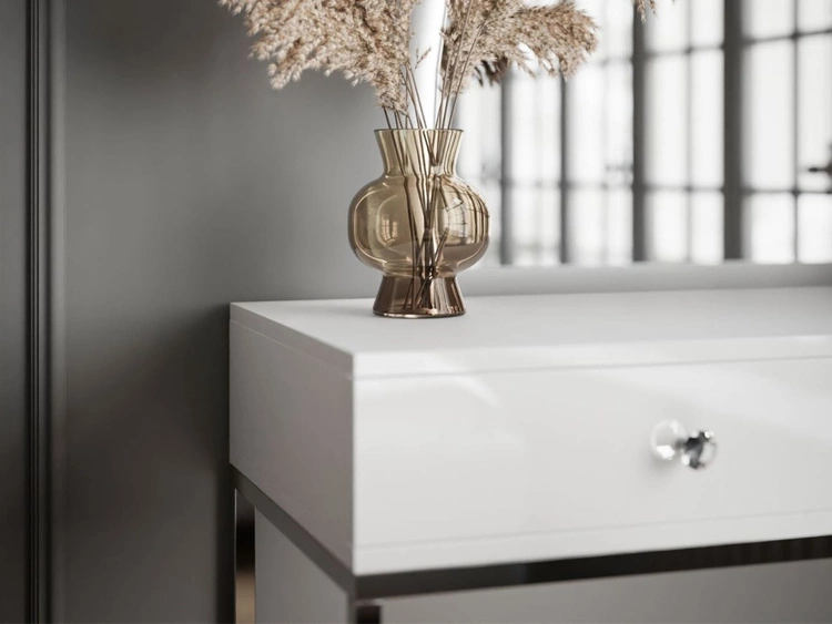 Toaletka kosmetyczna lewostronna z szufladami i oświetleniem LED na srebrnych nogach Clarette Biały połysk