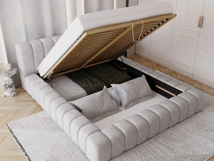 Łóżko tapicerowane z pojemnikiem na pościel i stelażem 120x200 Italia Jasnoszare