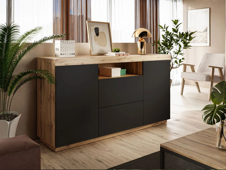 Dwudrzwiowa komoda 164 cm w stylu loft Asumi czarny mat i dąb wotan