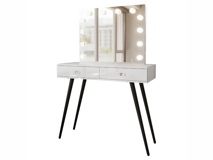 Toaletka kosmetyczna w stylu glamour z czarnymi nogami, kryształowymi uchwytami i oświetleniem LED Olivine Elite biały połysk