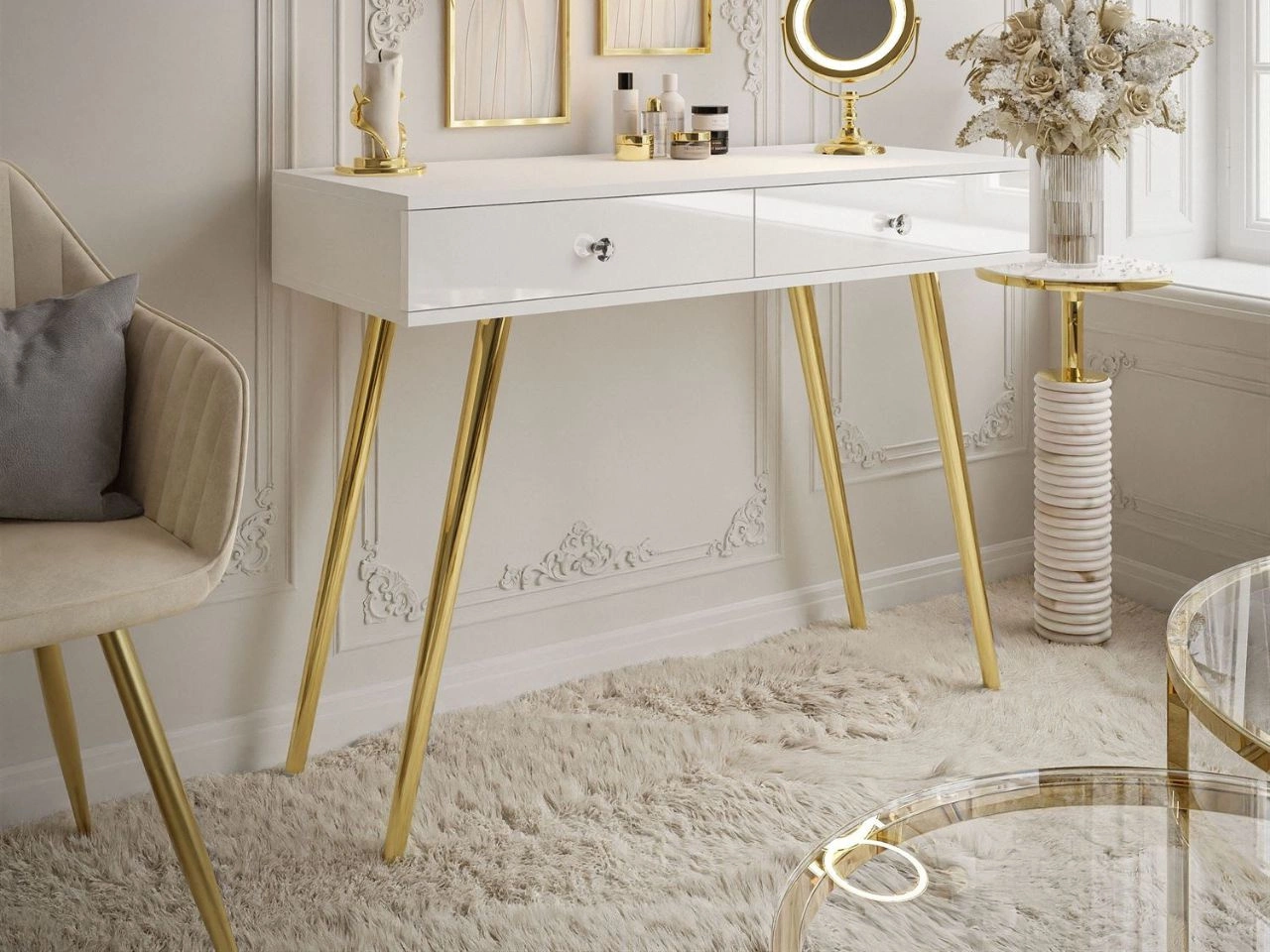 Konsola glamour z szufladami i kryształowymi uchwytami Olivine biały połysk