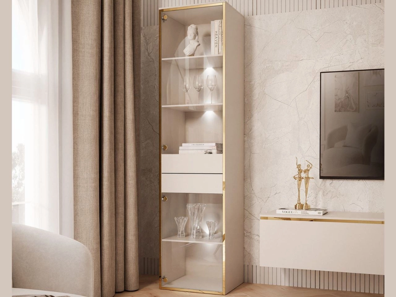 Witryna stojąca szklana w stylu glamour z oświetleniem LED Evare kaszmir