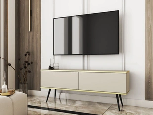 Szafka pod telewizor z drzwiczkami 135 cm z gładkim frontem Diolo Beżowa na złotych nogach