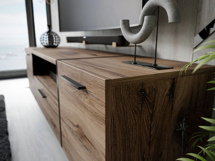 Szafka RTV w stylu loft dwudrzwiowa z szufladą Lunelie dąb Flagstaff