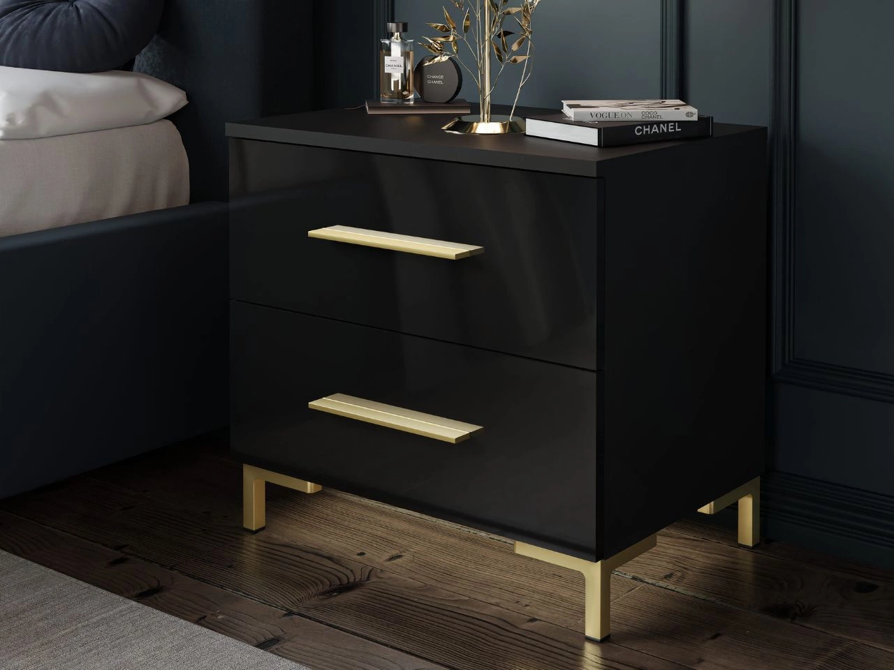 Stolik nocny z szufladami na złotych nogach Nuveo Czarny połysk