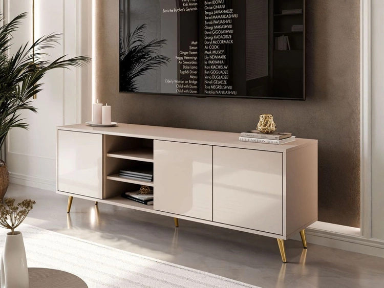 Szafka RTV pod telewizor z drzwiczkami na złotych nogach Vivance Kaszmir połysk