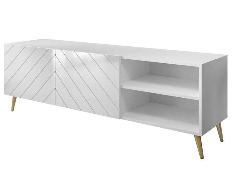 Szafka RTV z frezowanymi frontami i metalowymi złotymi nóżkami Vionel biały połysk