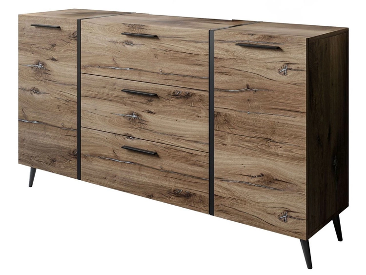 Dwudrzwiowa komoda 158 cm z trzema szufladami i czarnymi uchwytami Lunelie dąb Flagstaff