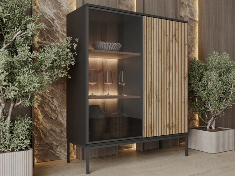 Witryna stojąca do salonu z oświetleniem LED niska Deo Dąb Wotan