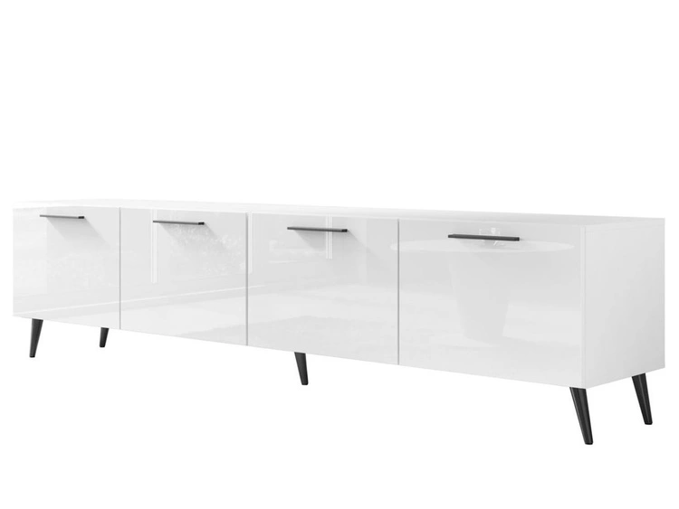 Szafka RTV pod telewizor z drzwiczkami na czarnych nóżkach 200 cm Noaé Biały Połysk
