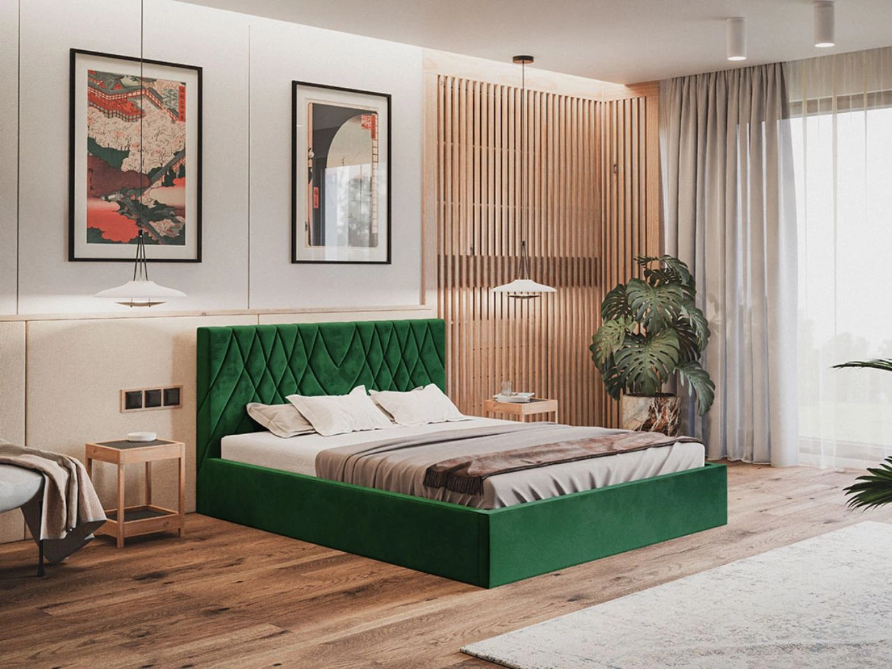 Łóżko tapicerowane z pojemnikiem i stelażem 160x200 Andri zielony