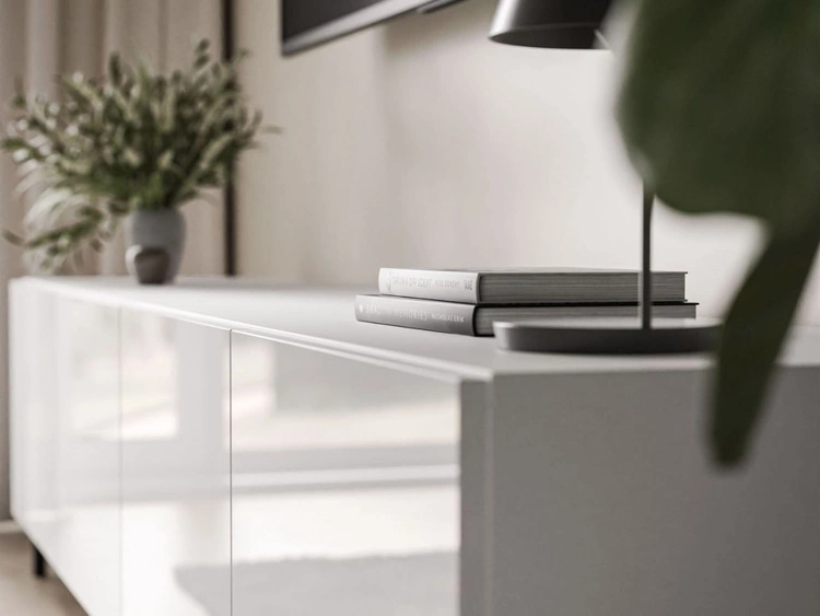 Szafka RTV pod telewizor z drzwiczkami na czarnych nóżkach 200 cm Nodoo Biały połysk