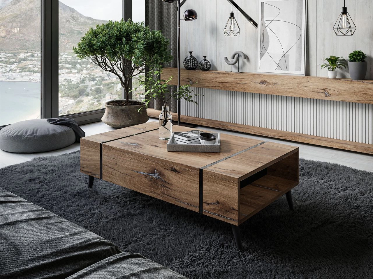 Stolik kawowy na czarnych nogach w stylu loft Lunelie dąb Flagstaff