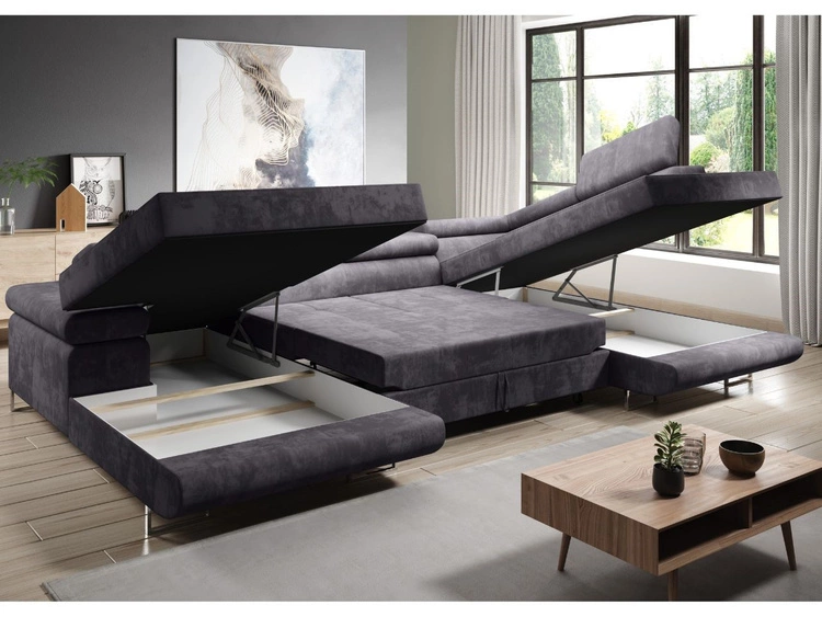 Narożnik U prawy z funkcją spania i pojemnikiem Solam U Czarny