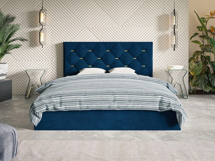 Łóżko tapicerowane z pojemnikiem i stelażem 140x200 Salento granatowe