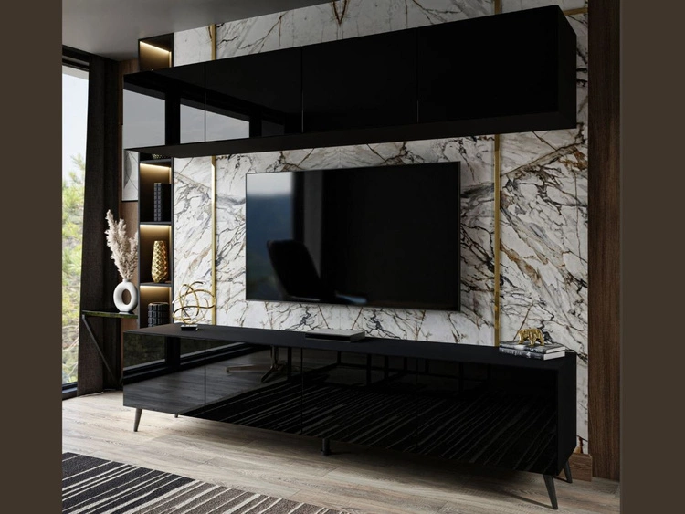 Meblościanka do salonu na czarnych nogach Noaé Czarny połysk 