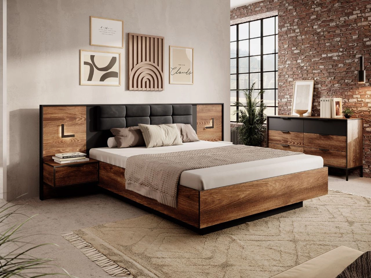 Łóżko drewniane ze stolikami Montreal Brązowy, Czarny