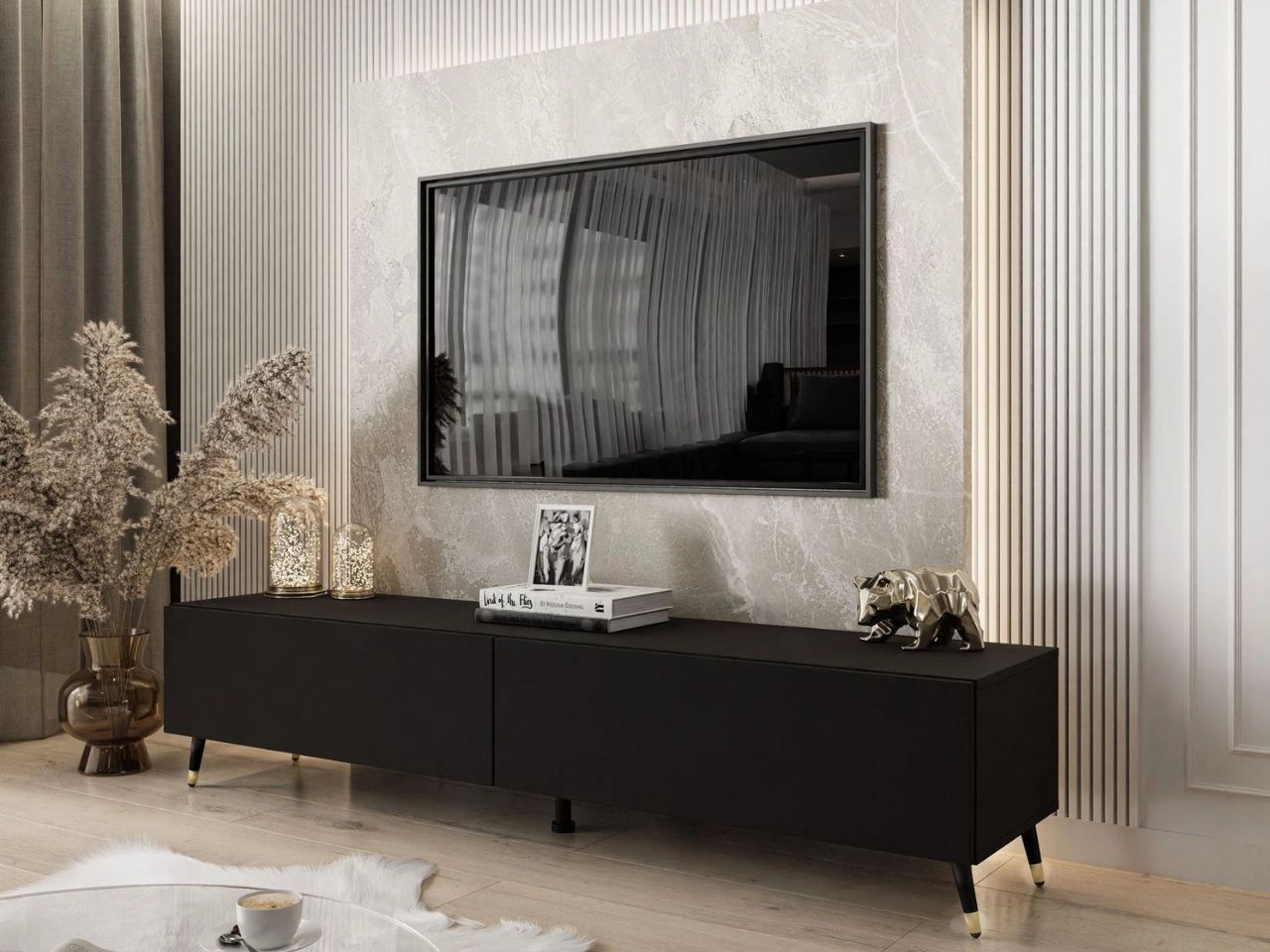 Szafka RTV dwudrzwiowa na czarno-złotych nóżkach 175 cm z oświetleniem LED Sorelle Czarny mat