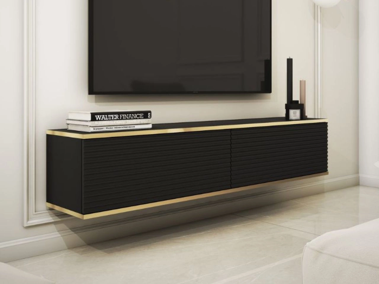 Szafka wisząca pod telewizor z drzwiczkami 135 cm z ryflowanym frontem Diolo Czarna