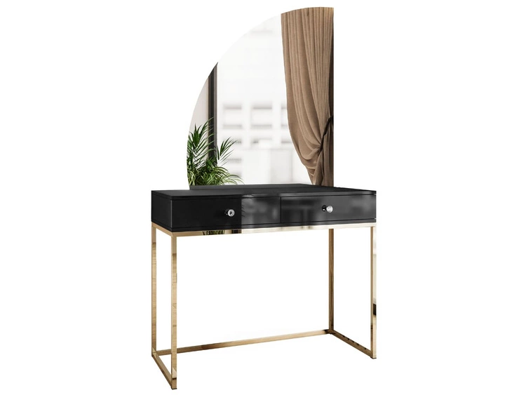 Toaletka kosmetyczna lewostronna z szufladami i oświetleniem LED na złotych nogach Clarette Czarny połysk